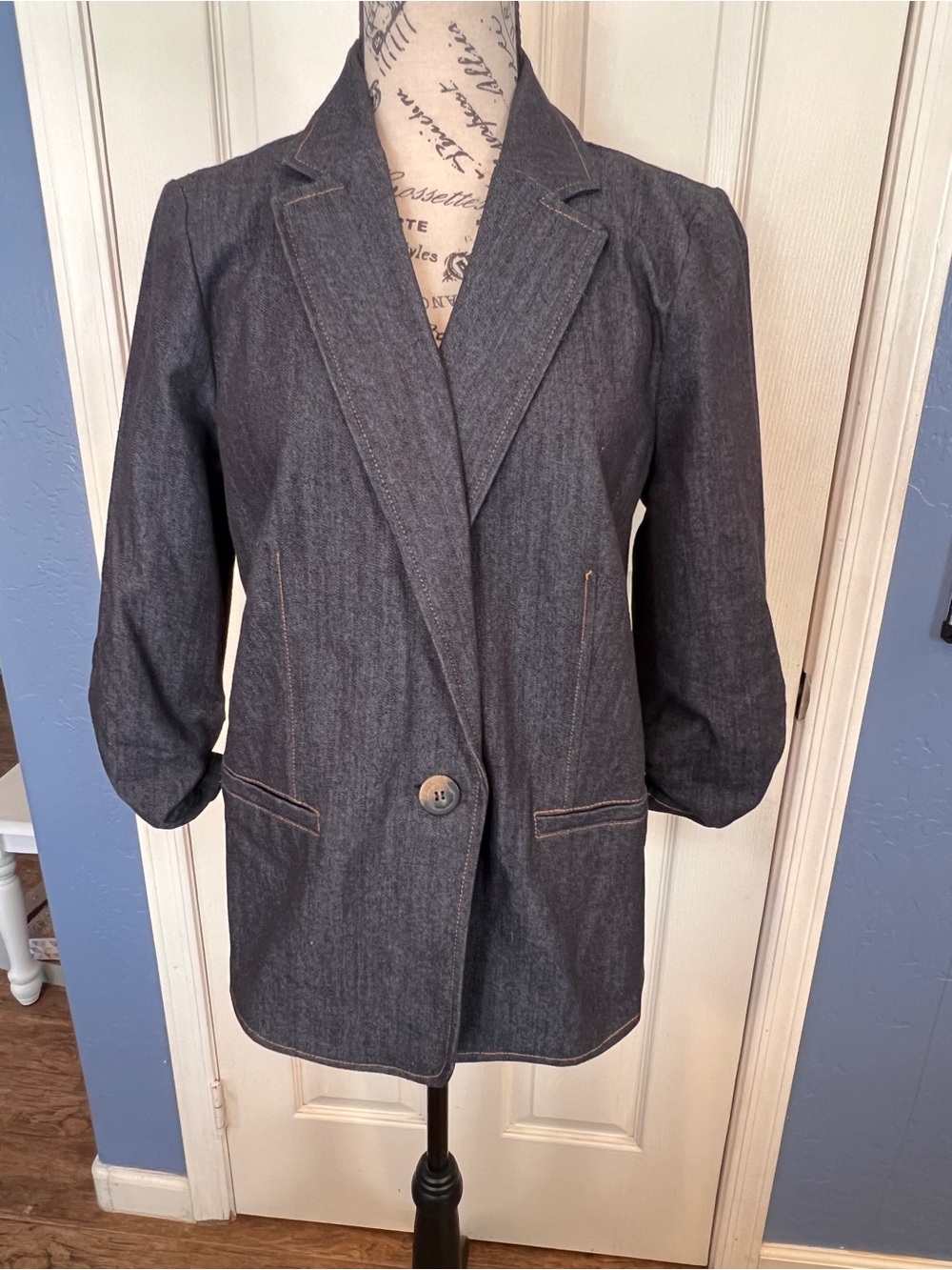 Tailored Dark blue denim Blazer Jacket ruched sleeve office workwear